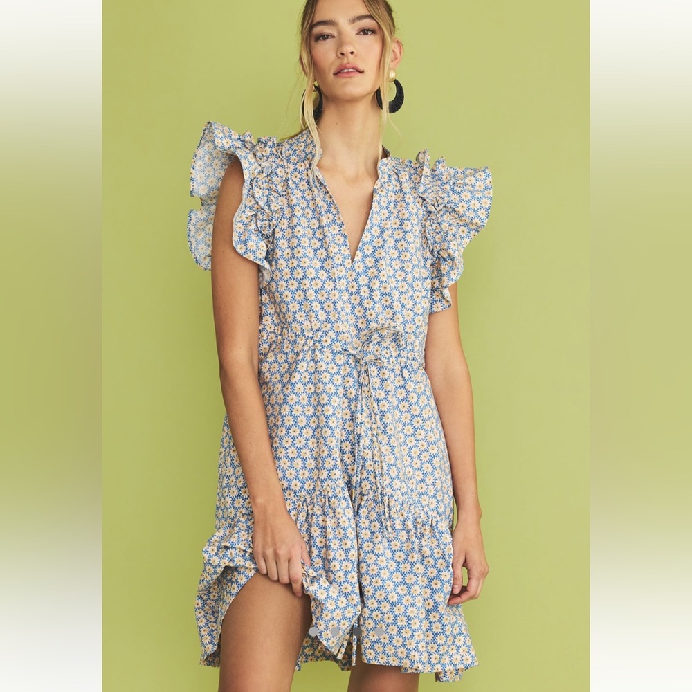 Anthropologie Ruffle Sleeve Blue Daisy Tie-Waist Mini Dress Size Large